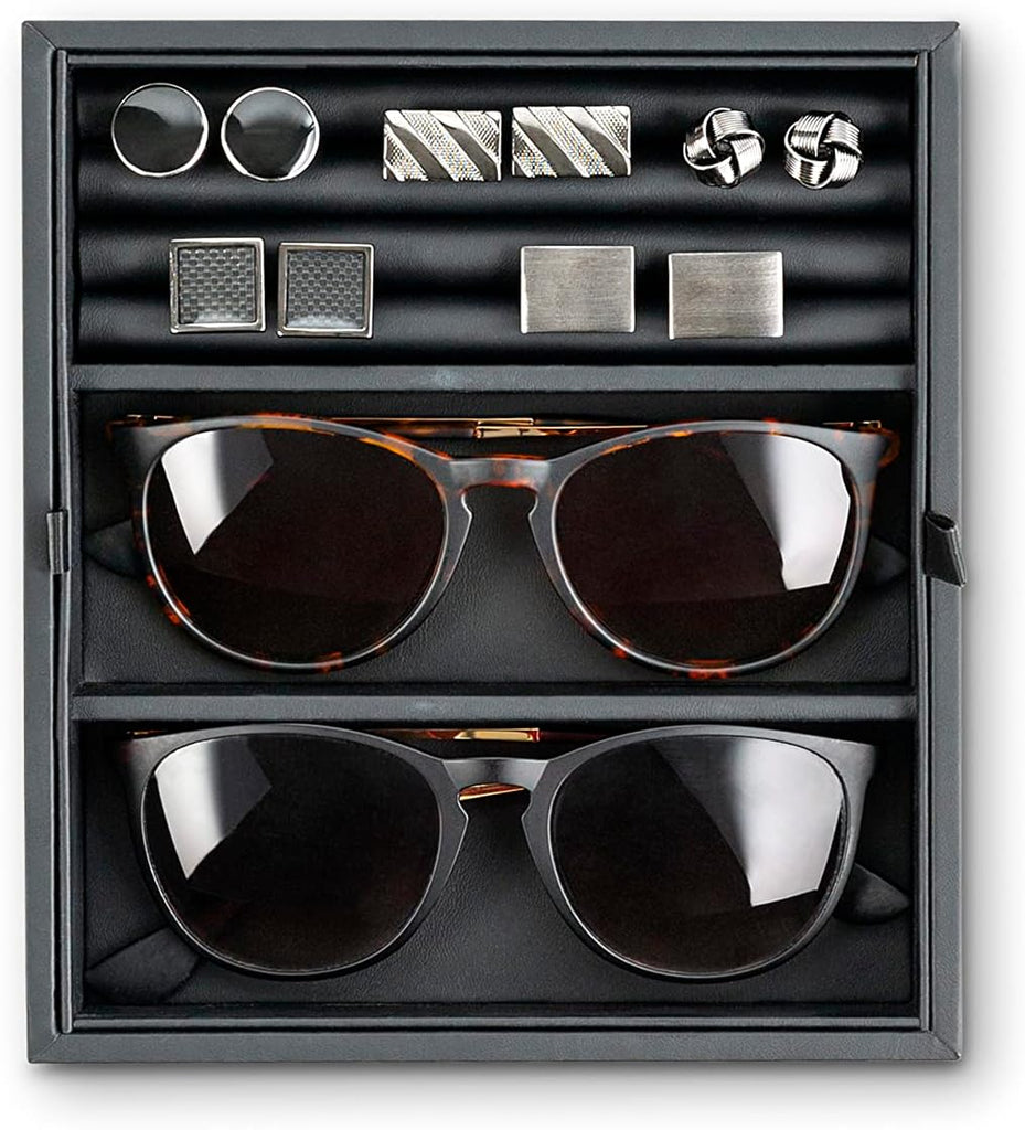 Valet Jewelry Box for Men - Holds 4 Watches, 12 cufflinks, 2 Sunglasses & Tray Storage - Mens Watch Case