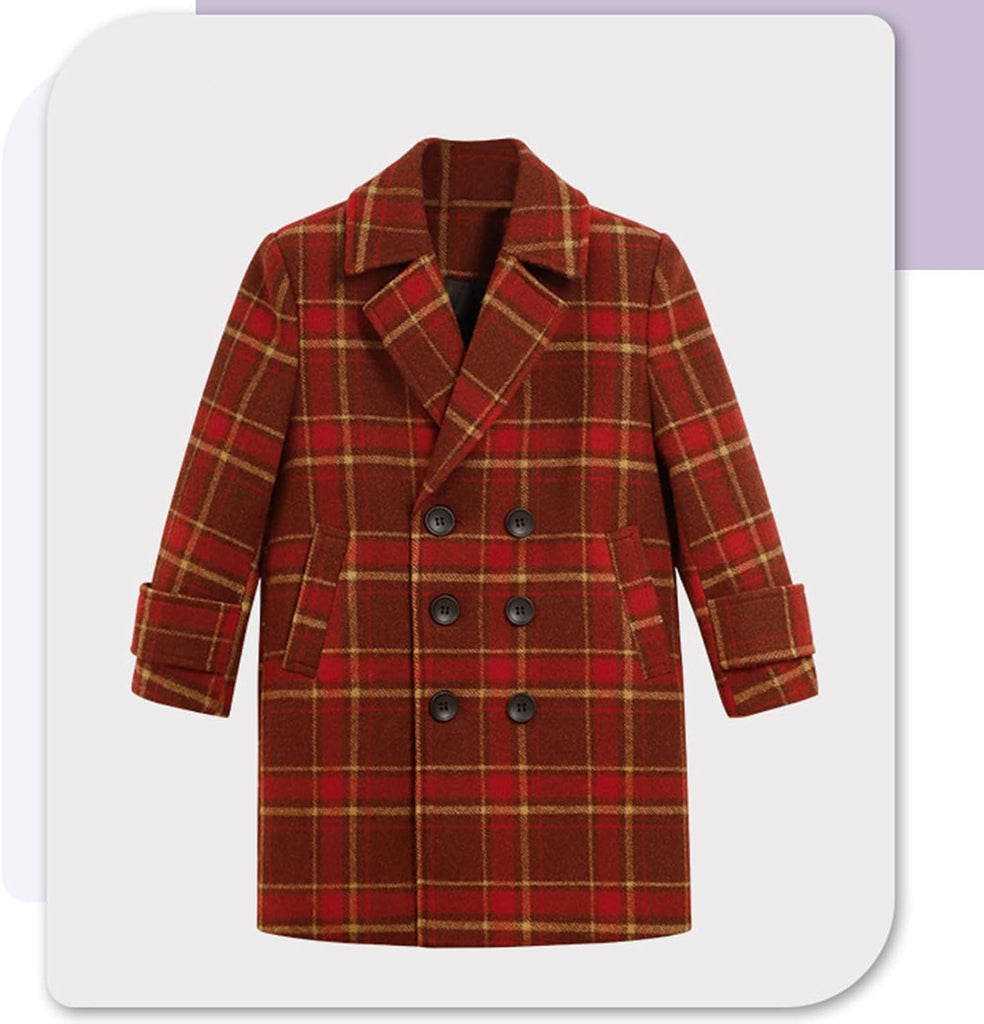 Plaid Trench Coat Girls Boys Wool Blend Pea Coats Notched Lapel Double Breasted Casual Overcoat