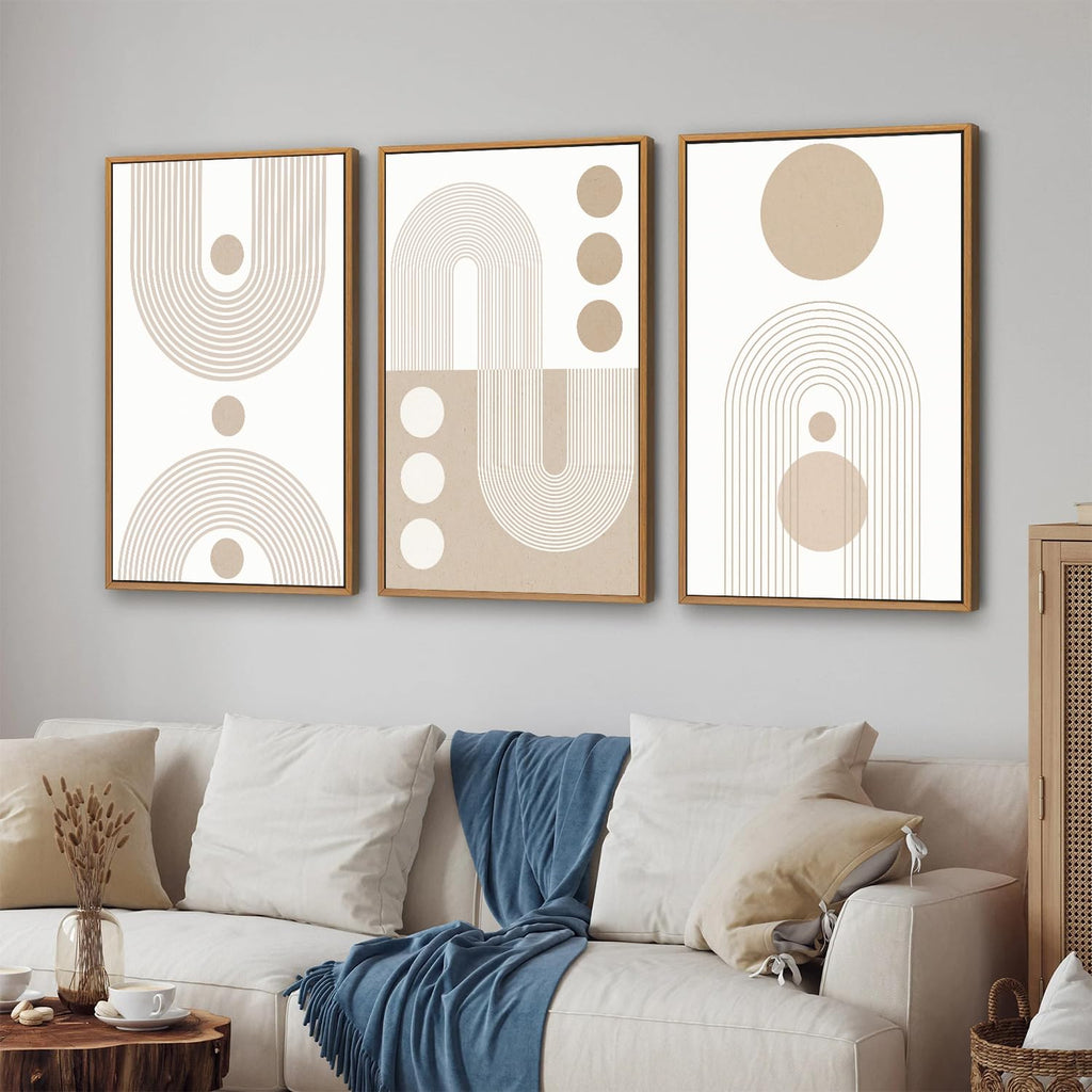 Boho Beige Framed Canvas Wall Art, Mid Century Modern Wall Decor, Bohemian Abstract Minimalist Artwork, Neutral