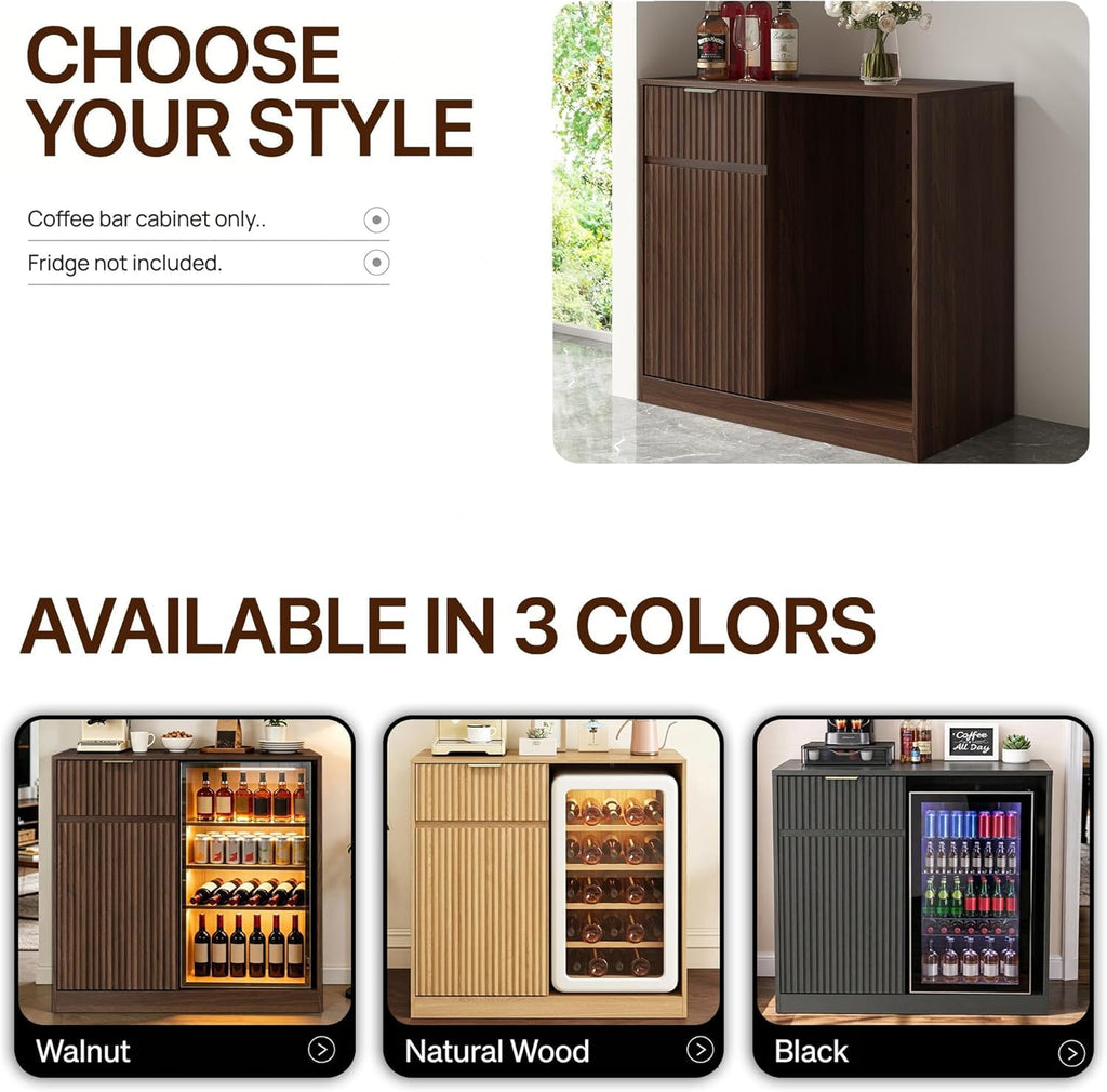Mini Fridge Cabinet with Power Outlet, Coffee Bar Cabinet with Fridge Space & Wine Glass Rack, Fluted Buffet