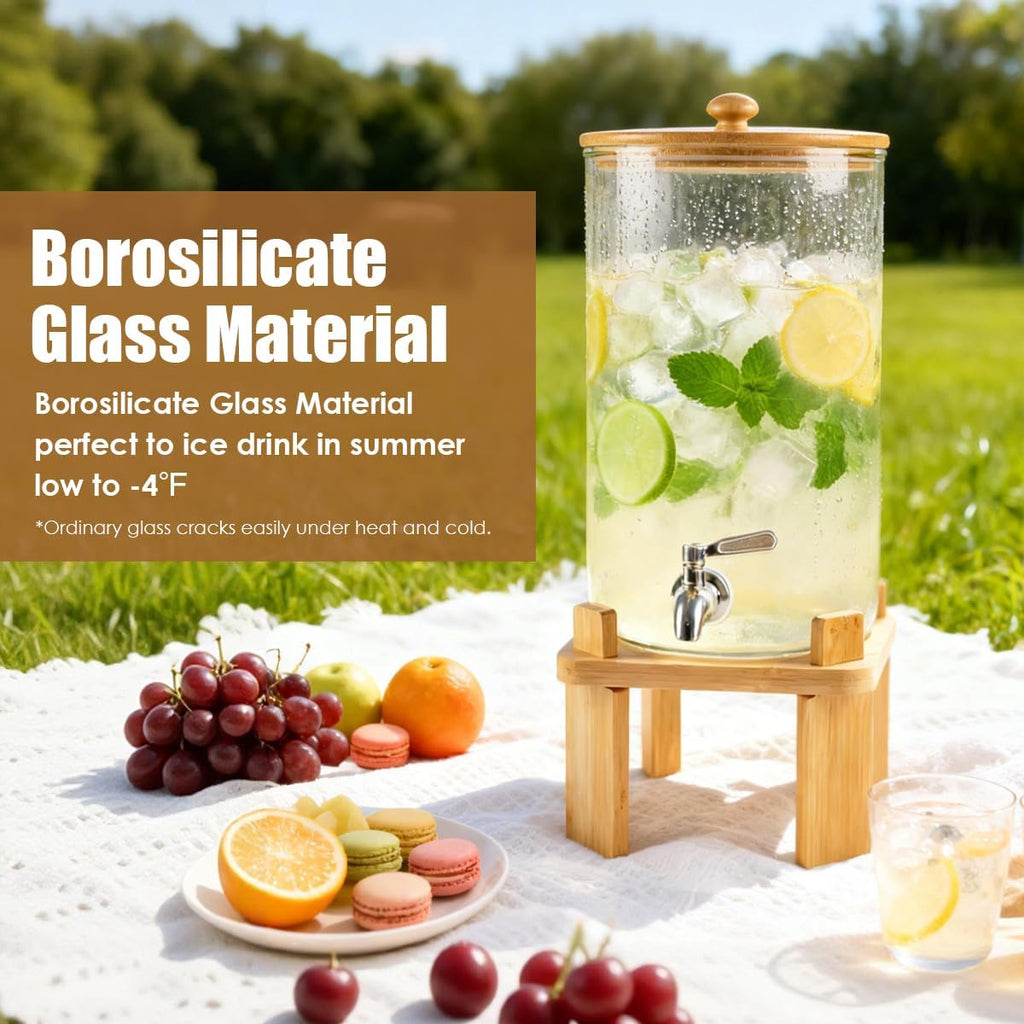 2.3 Gallon Large Glass Drink Dispenser for Parties, with Wood Stand, Juice & Lemonade Dispenser, Iced Beverage