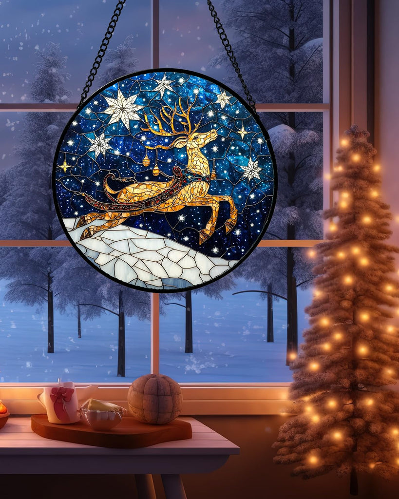 Stained Glass Window Hanging - Reindeer Blue Starry Sky Suncatcher for Doors Home Christmas Decoration Winter