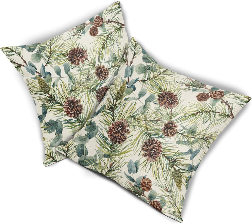 Winter Floral Pillow Covers 18x18 Inch , Green Watercolor Flower Leaf Print Rustic Themed Christmas - Set of 2
