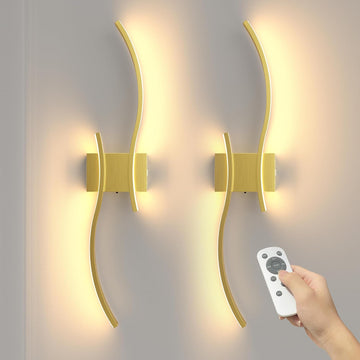 27.6 Inch Battery Operated Wall Sconce Set of 2, Gold Modern Rechargeable Wall Lights with Remote, 3CCT Dimmable