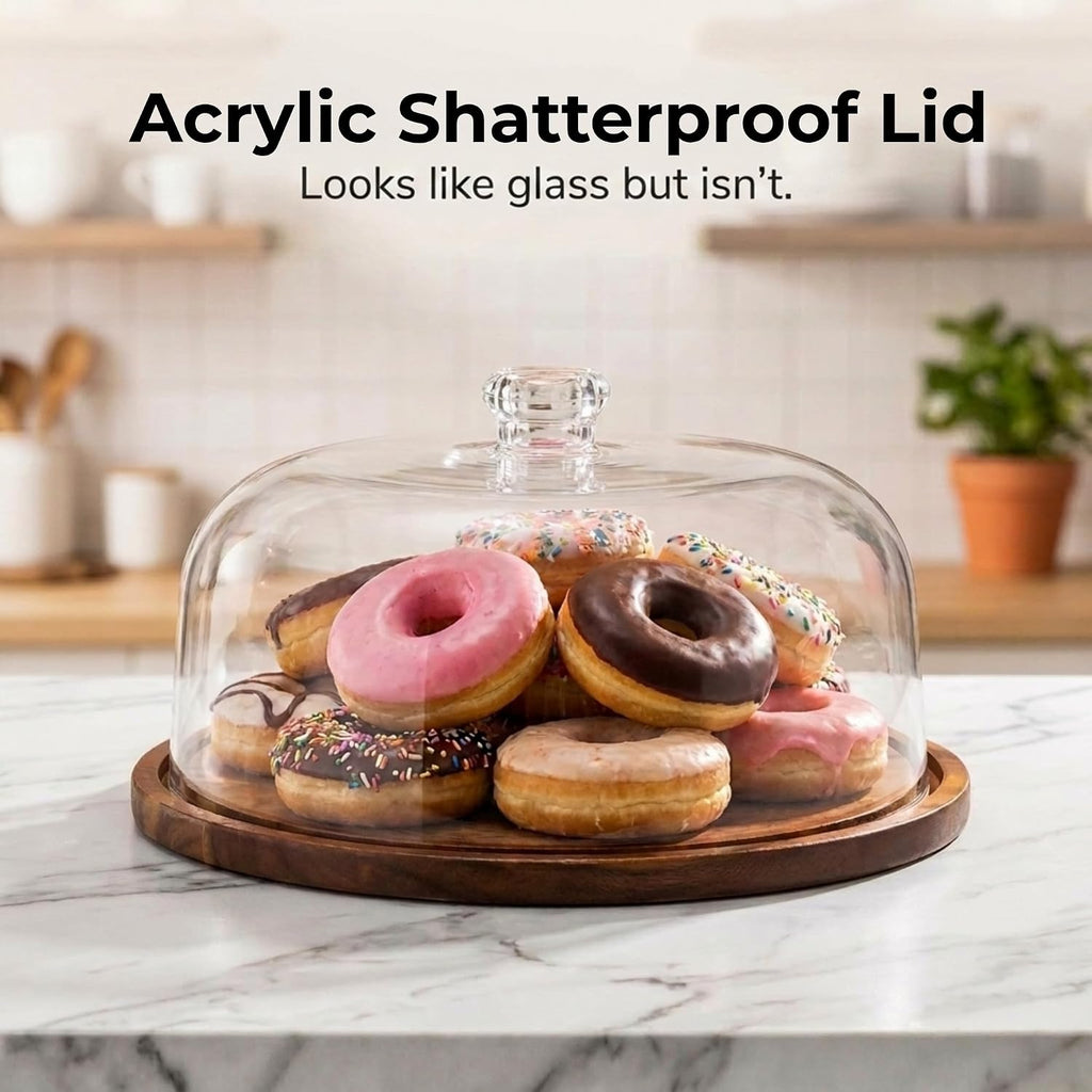 Cake Stand, Cake Plate Server Platter with Dome, Acacia Wood and Shaterproof Acrylic Lid