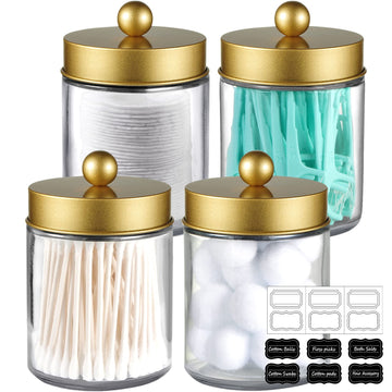 Glass Apothecary Jar Qtip Holder Metal Lids 4pc/Gold