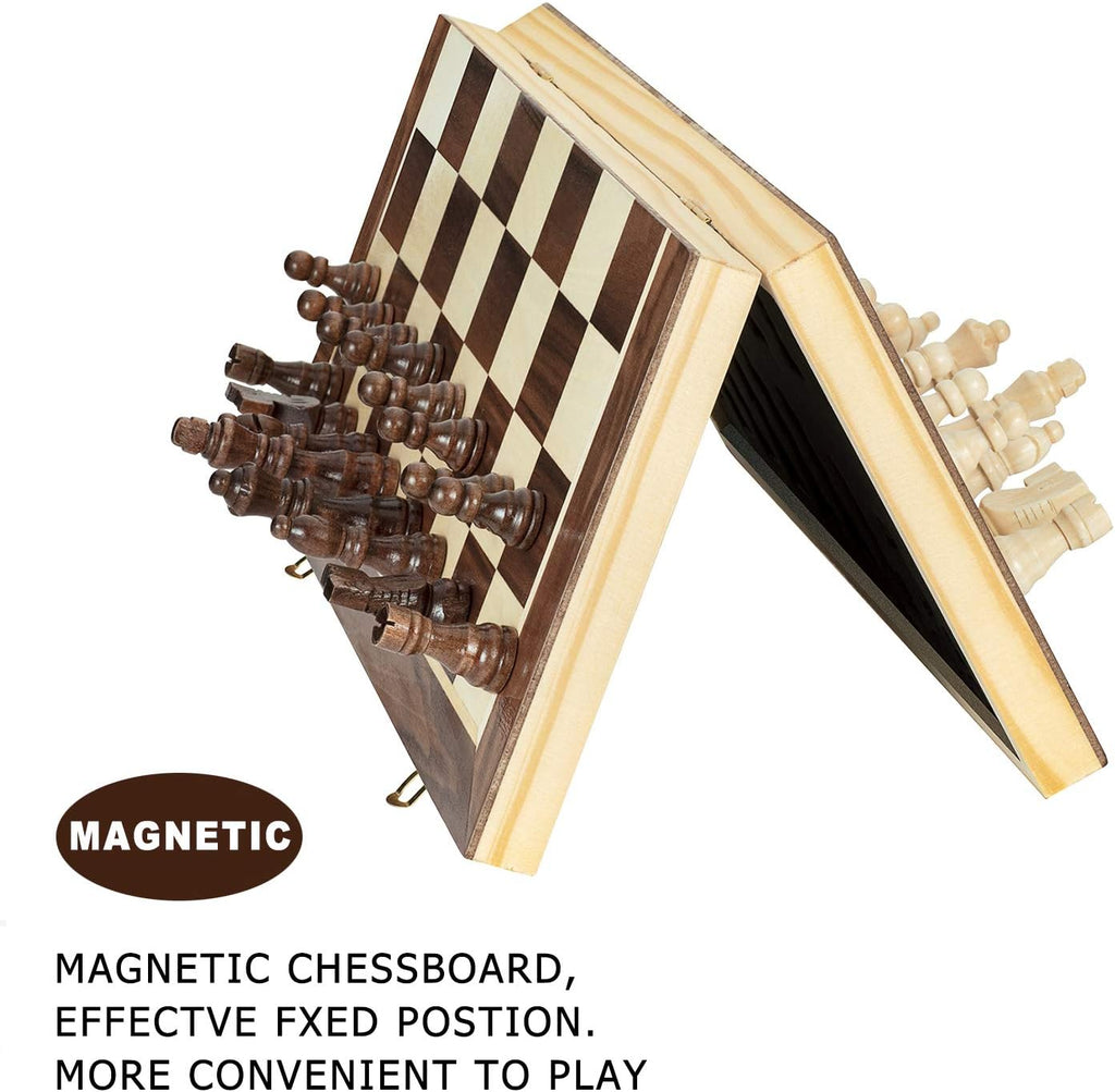 Inches Magnetic Wooden Chess Set - 2 Extra Queens - Folding Board - Pieces Storage Slots, Handmade Portable Travel - Set of 32