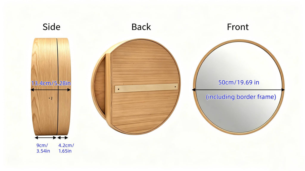 Cher-Beauty Round Solid Wood Medicine Cabinet, Wall Mounted Bathroom Mirror Cabinet with 3-Tier Storage, 19.7" x