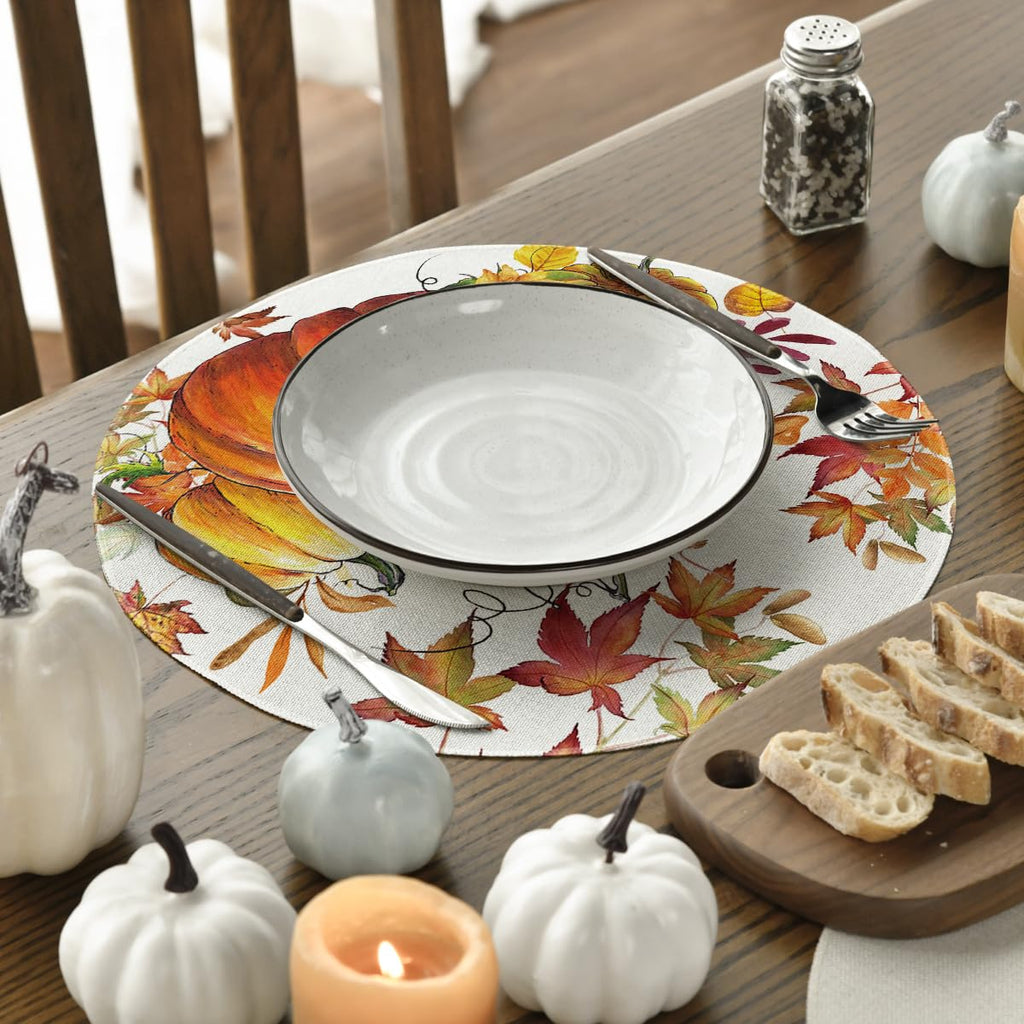 Pumpkins Maple Leaves Round Fall Placemats Set of 4-14 Inch