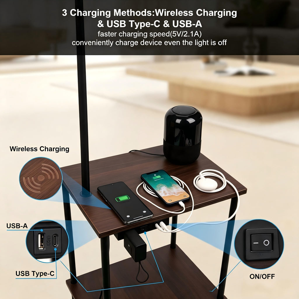 Floor Lamp with Table Industrial Rustic End Table, Industrial Floor Lamp with USB Wireless Charging Port&Charging