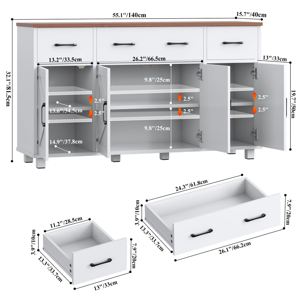 55" Sideboard Buffet Cabinet with Storage, Coffee Bar Cabinet with 3 Drawers and 4 Barn Doors, Long Storage Cabinet