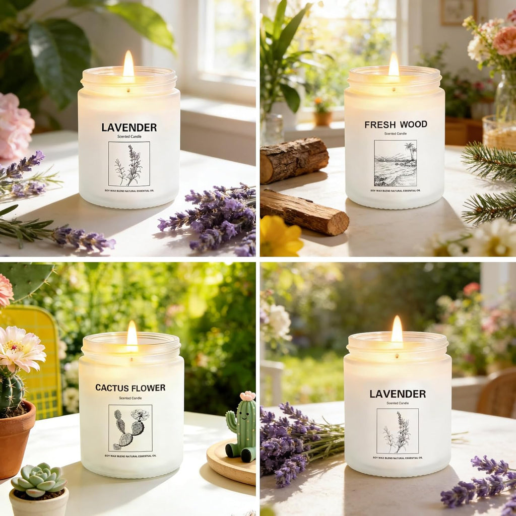 Scented Candles,4 Pack Soy Candle Gift Set with 4 Fragrance Scents,Aromatherapy Lavender Floral & Wood Candles - Set of 4