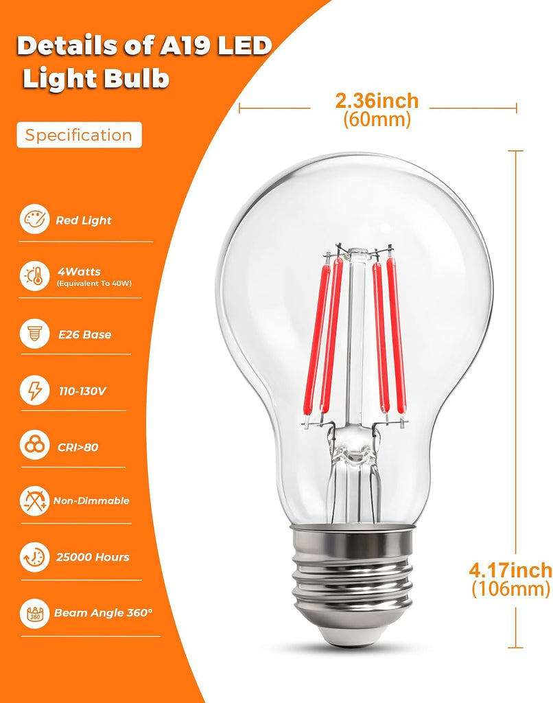 LED Red Filament Light Bulb, A19 4W Lights 40Watt Equivalent, E26 Base