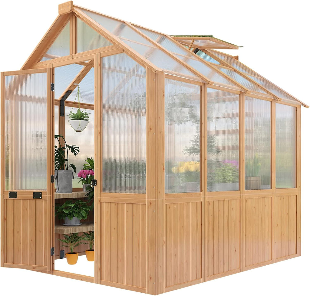 6x8 FT Wooden Greenhouse for Outdoors, Walk-in Greenhouse Kit with 4mm Polycarbonate Panels, Adjustable Roof Vent and