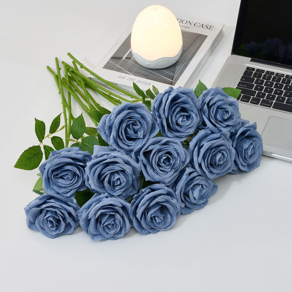 100 Pcs Fake Dusty Blue Roses, Artificial Blue Flowers Bulk Realistic Silk Faux Rose with Long Stems for Wedding