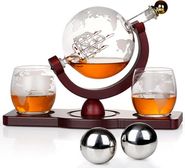 Gifts for Men Dad Fathers Day, Whiskey Decanter Globe Set with 2 Ball Stones & 2 Glasses, Anniversary Birthday Gifts