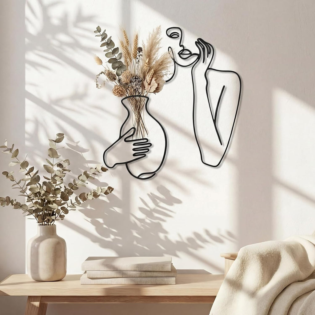 Black Metal Wall Decor, Abstract Woman Wall Art, Minimalist Line Vase Decor, Modern Aesthetic Metal Women Art Bedroom
