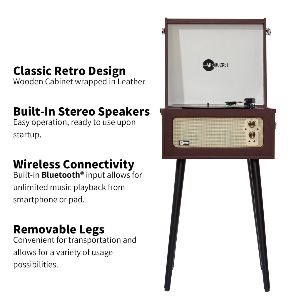 Discovery II 3-Speed Bluetooth Record Player Retro Console Turntable with Built-in Speakers and Removable Legs (Brown)
