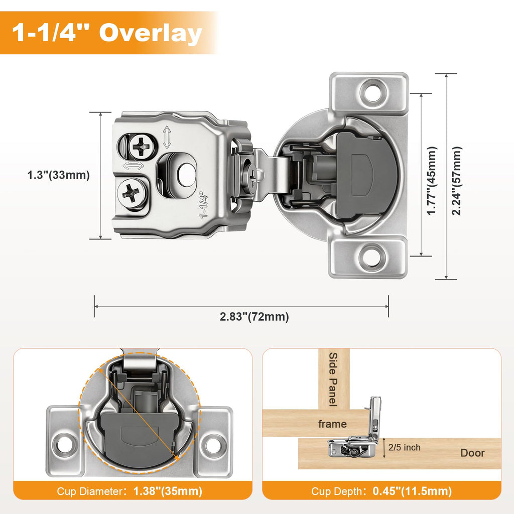 60 Pack 30 Pair 1-1/4 inch Overlay Soft Close Cabinet Hinges Hidden Door Hinge Cabinet Hinges Concealed Self Closing