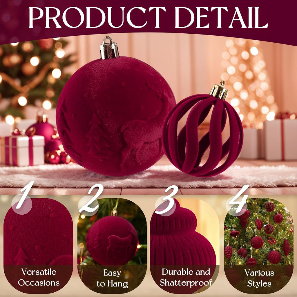 Christmas Hanging Ball Ornaments Set for Tree, Bulk, Flocked - Set of 30