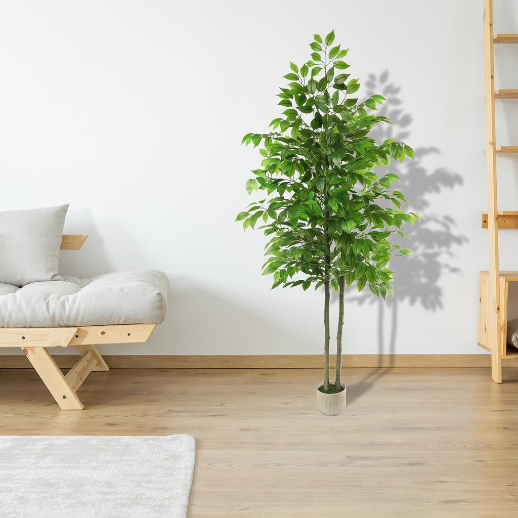 Artificial Ficus Tree 6FT Tall, Artificial Plants Indoor with White Planter Faux Ficus Tree Realistic Faux Silk Plant