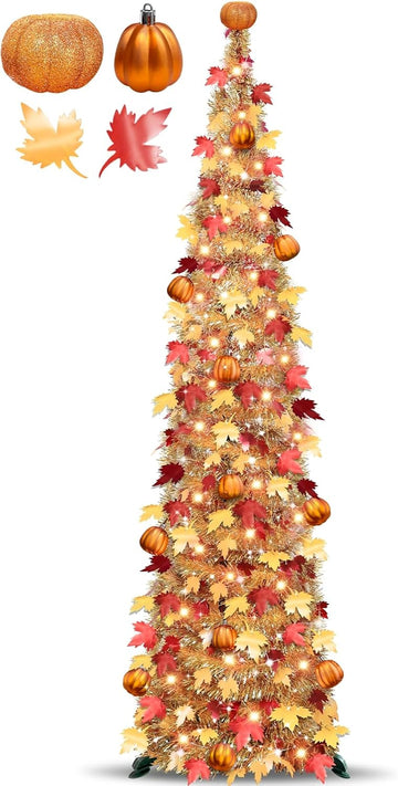5 FT Fall Tree Fall Decor, Tinsel Maples Tree with 50 Warm White Lights