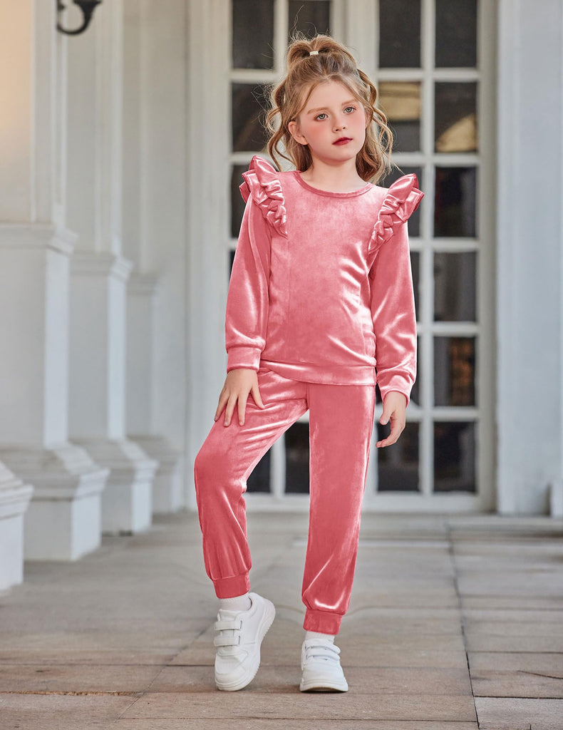 Girls Velour Tracksuit Kids Sweatsuit Ruffles Winter Clothes Sets