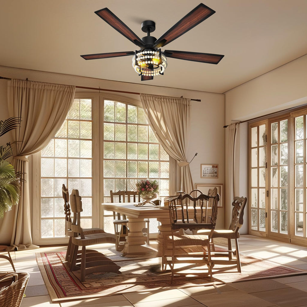 Ceiling Fan With Lights 52 Inch, Vintage Ceiling Fan With Remote, Boho Wooden Pearls Decor, Quiet Reversible DC