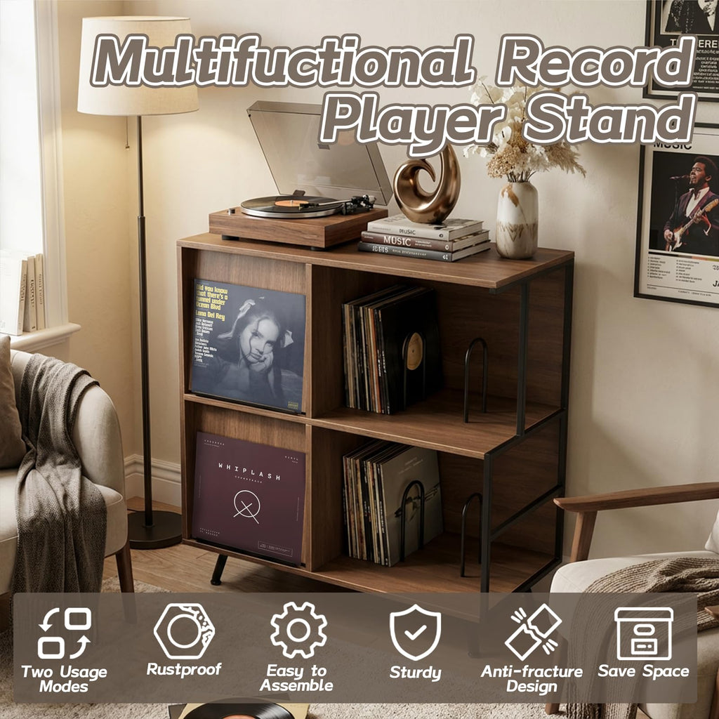 3 Tier Record Player Stand with Flip-Down Record Shelf, Walnut