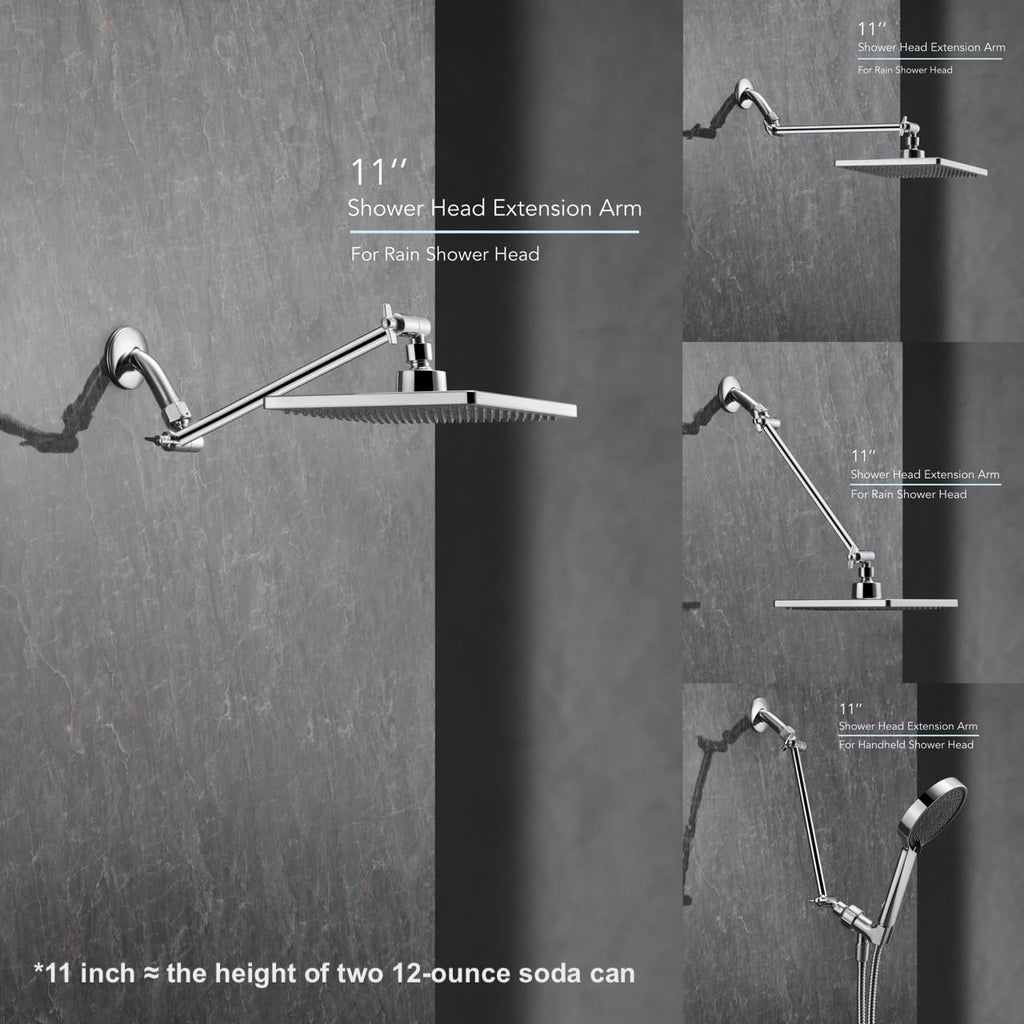 11 Inch Adjustable Shower Head Extension Arm With Locking Set Screw, 304 Stainless Steel Chrome Angle Height