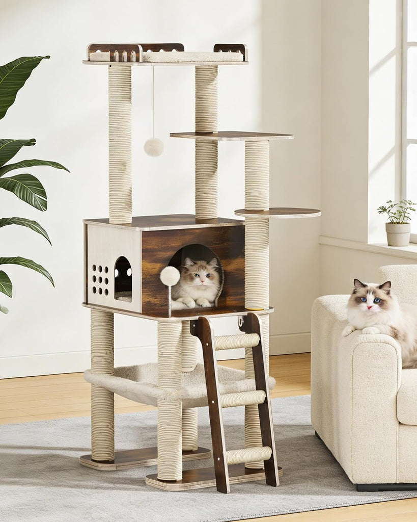 Modern Cat Tower, 60.3 Inches Multi-Level Cat Tree with Dark Wood-Look Panels, Sisal Scratching Posts, Hammock &