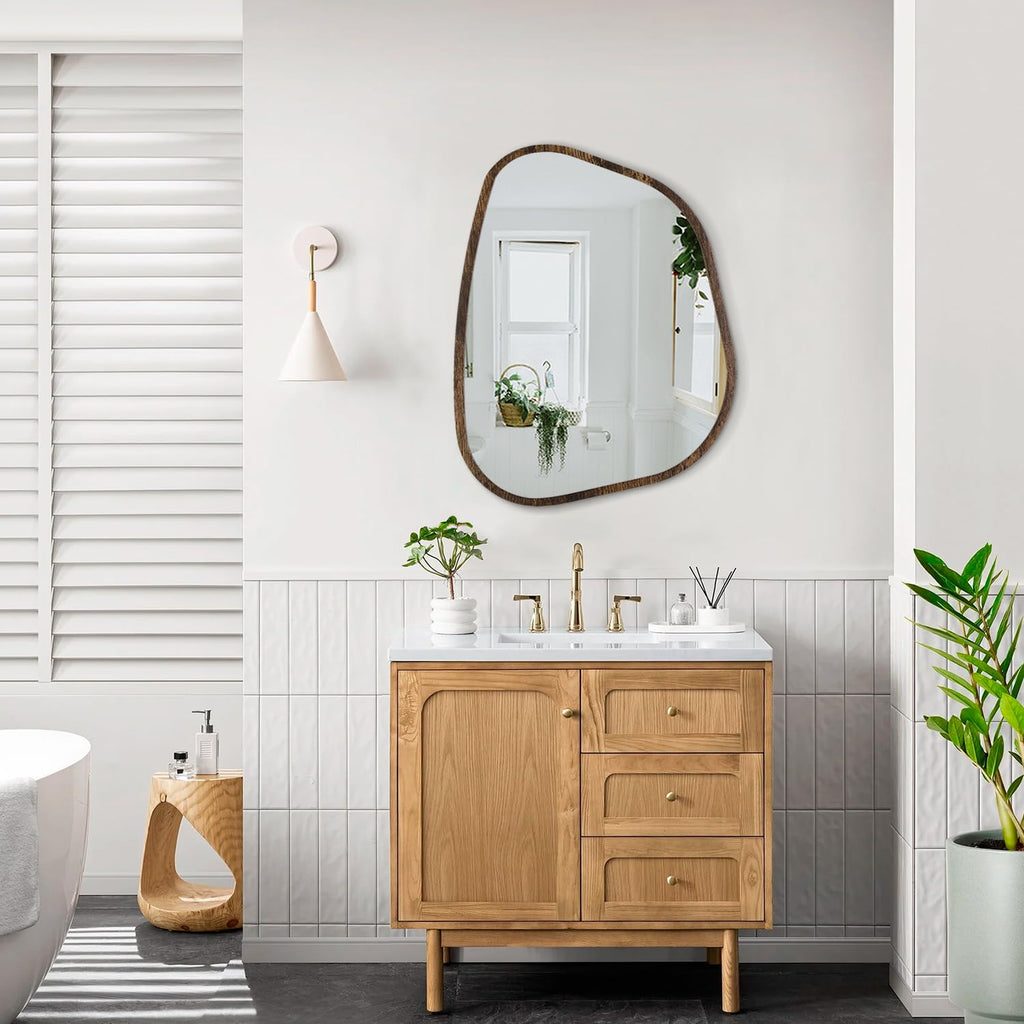 Asymmetrical Mirror Irregular Oval Wall Mirror Modern Wood Frame Unique Shape Wall Mounted Vanity Artistic Mirror