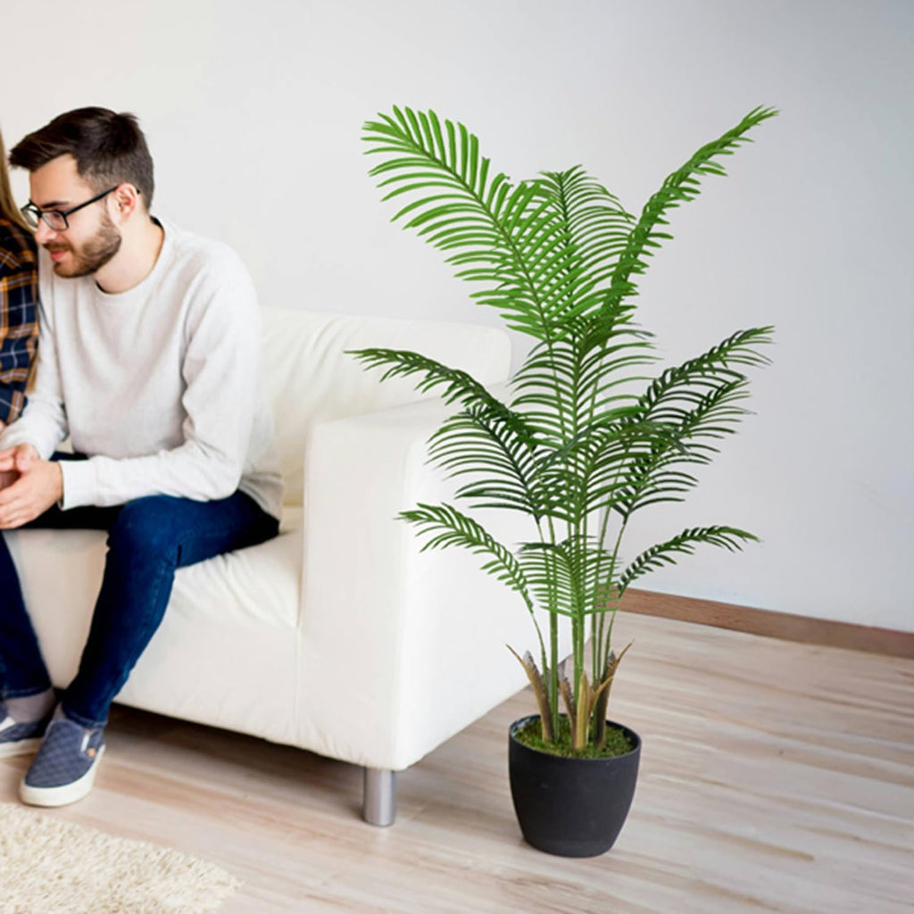 4FT Artificial Palm Tree Indoor with White Pot, Realistic Leaves, 9 Trunks Adjustable Branches, Tall Faux Fake Palm