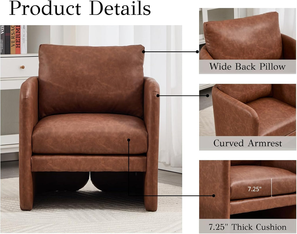 Leather Upholstered Modern Accent Chairs, Mid-Century Barrel Armchairs with Padded Cushion, Comfy Reading - Set of 2