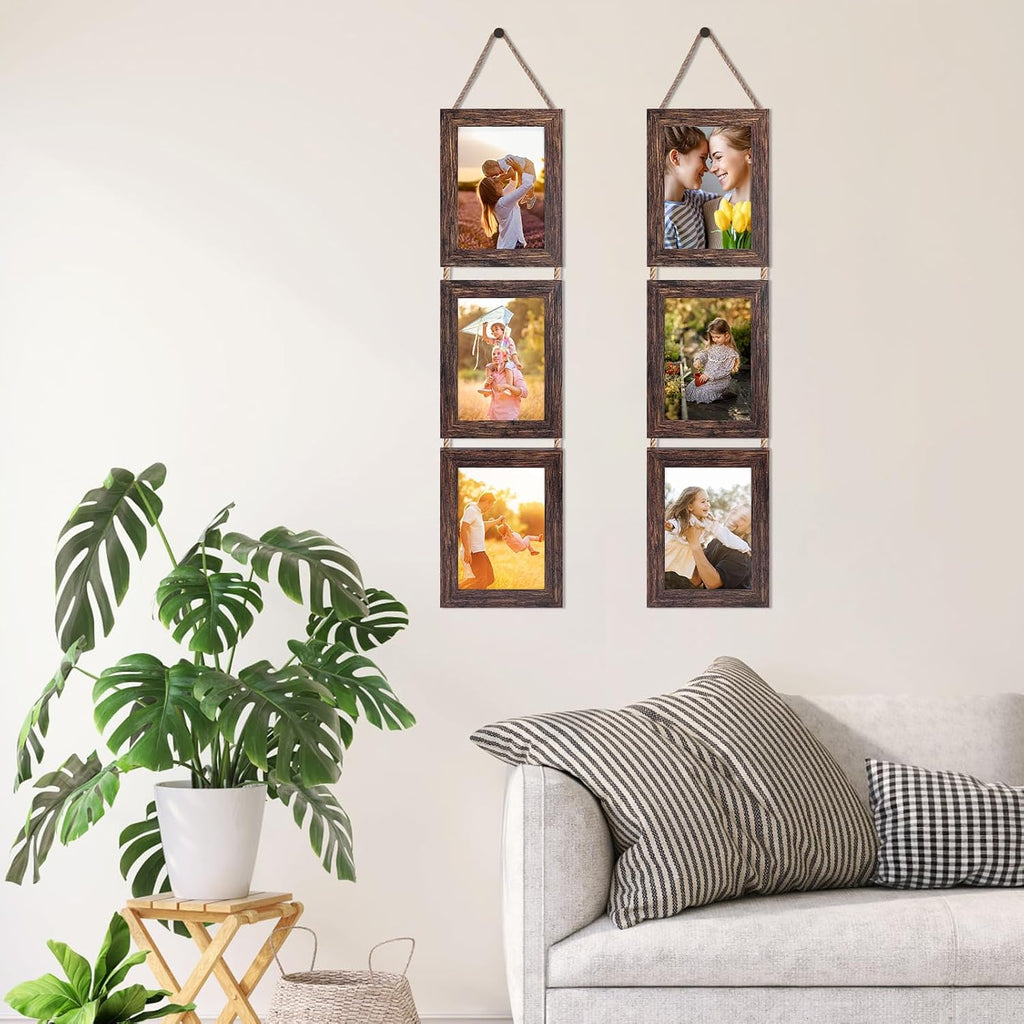 Wall Hanging 5x7 Picture Frames Set of 2, Vertical Collage Distressed Brown Triple Frame Made to Display 5 by 7 inch