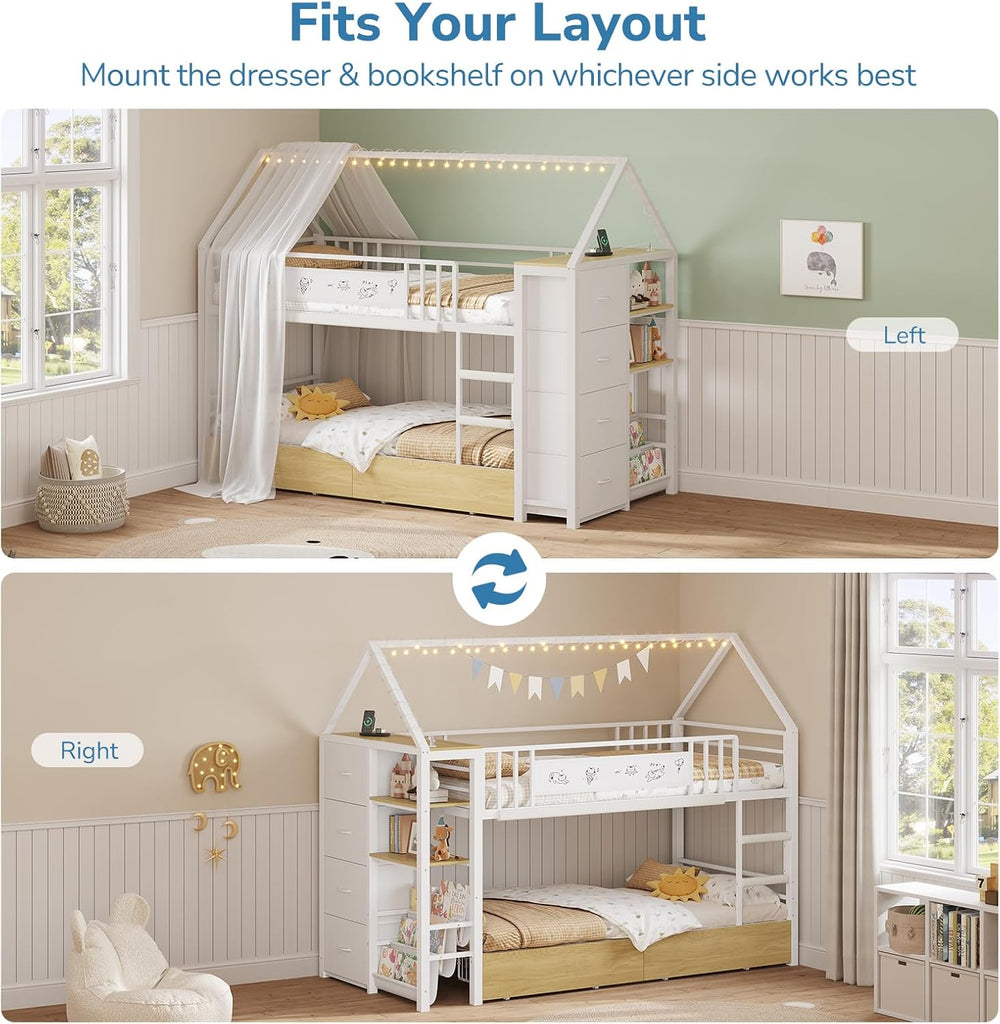 Twin Bunk Bed for Kids with 6 Storage Drawers, Montessori Bookshelf