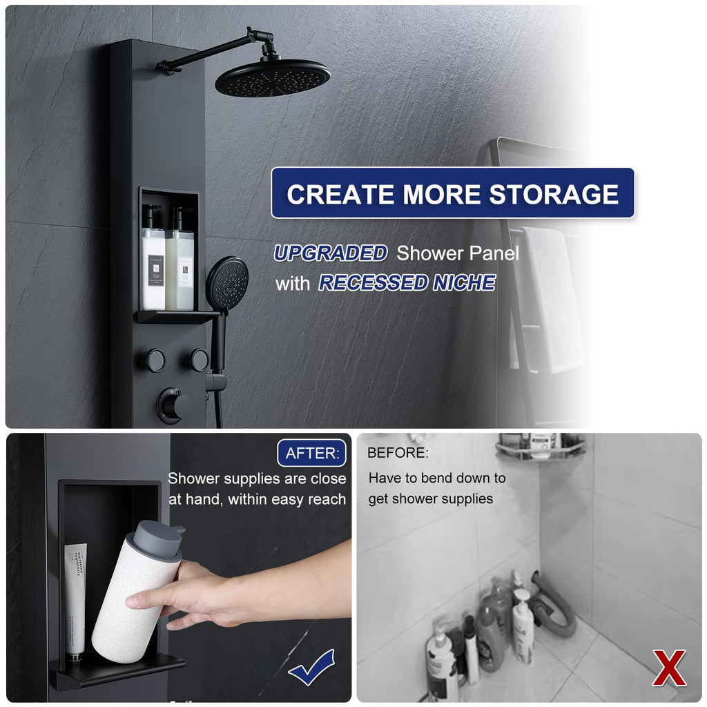 Shower Panel Tower System with Shelf & 6 Body Jets, Matte Black