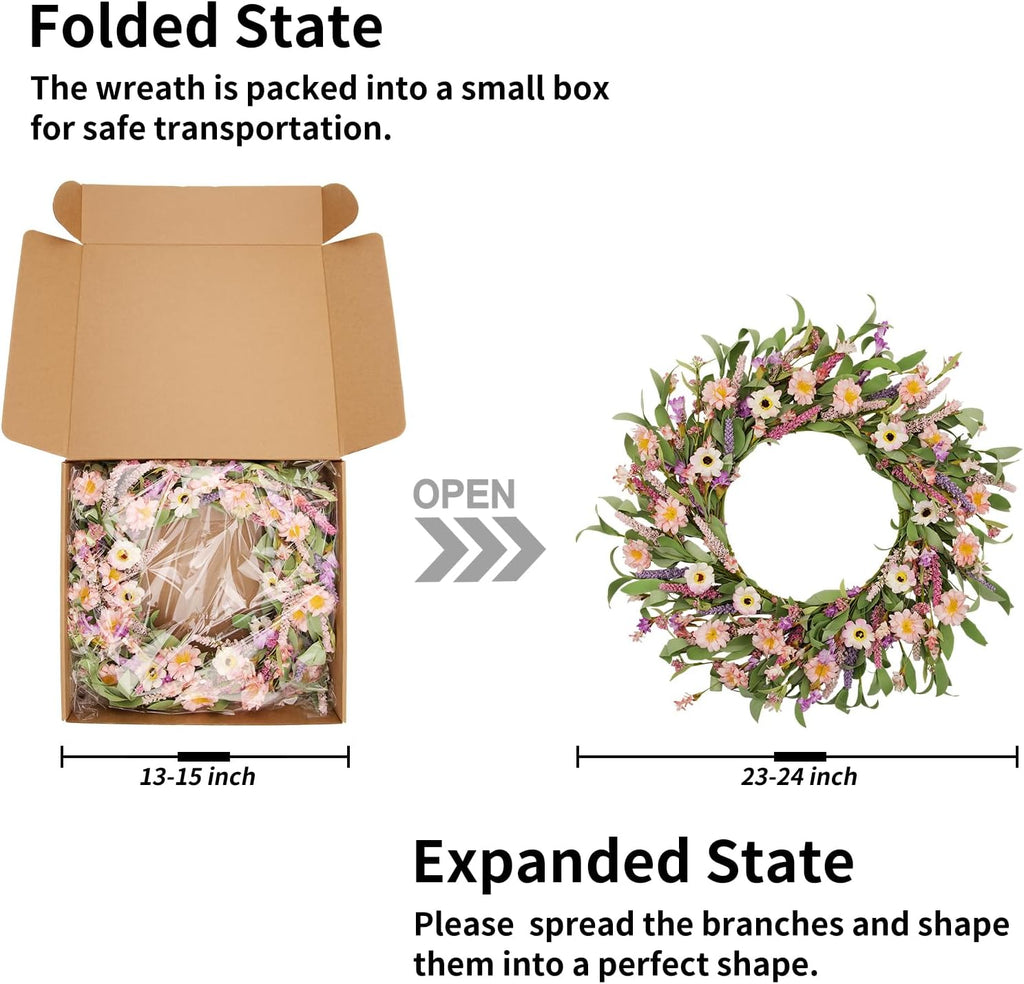 24 Inch Spring Summer Wreath for Front Door, Artificial Daisy & Lavender Flower Wreath with Eucalyptus Greenery