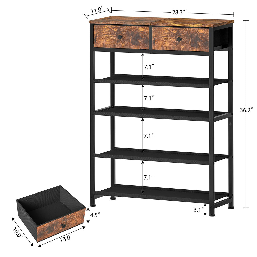 Shoe Rack, 5 Tier Shoe Storage Organizer with 2 Drawers, Metal Shoe Shelf for 12-16 Pairs of Shoes, with 4 Oxford