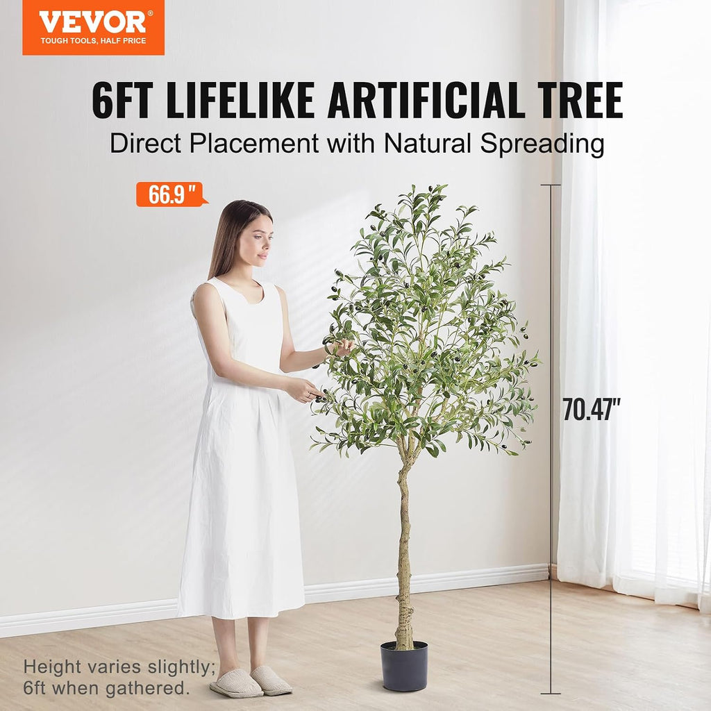 Artificial Olive Tree, 6 FT Tall Faux Plant, Secure PE Material & Anti-Tip Tilt Protection Low-Maintenance Plant