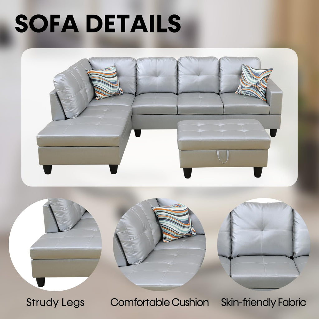 Sectional Couch Furniture Set Sliver White, Sectional Sofa Set L Shape Sofa and Chaise with Storage Ottoman