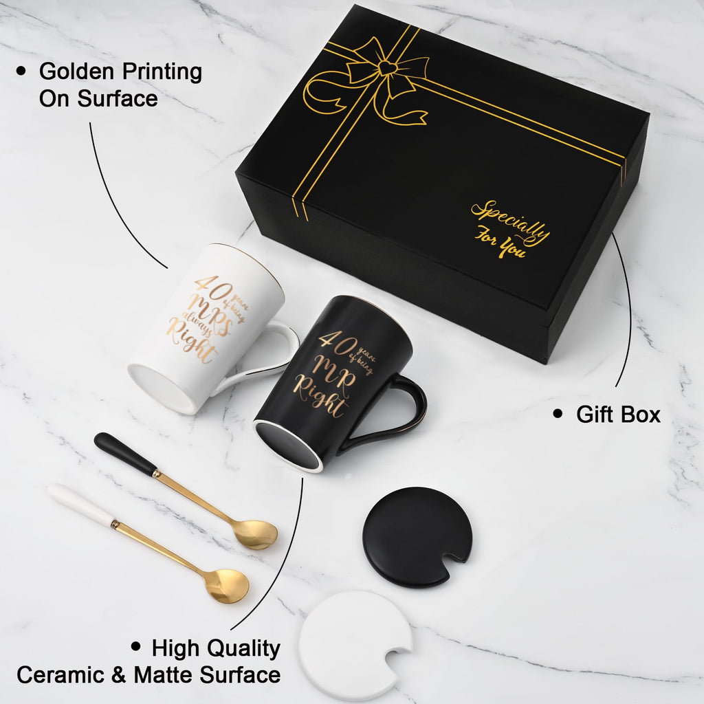 40th Wedding Gifts, 40 Years of Being Mr & Mrs Always Right Mug Set 14Oz with Lids Spoons and Gift Box, Christmas