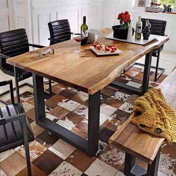 Industrial Solid Wood Dining Table, Rectangle Live Edge Kitchen Table, Rustic Pine Table Top & Metal Base, Large Long
