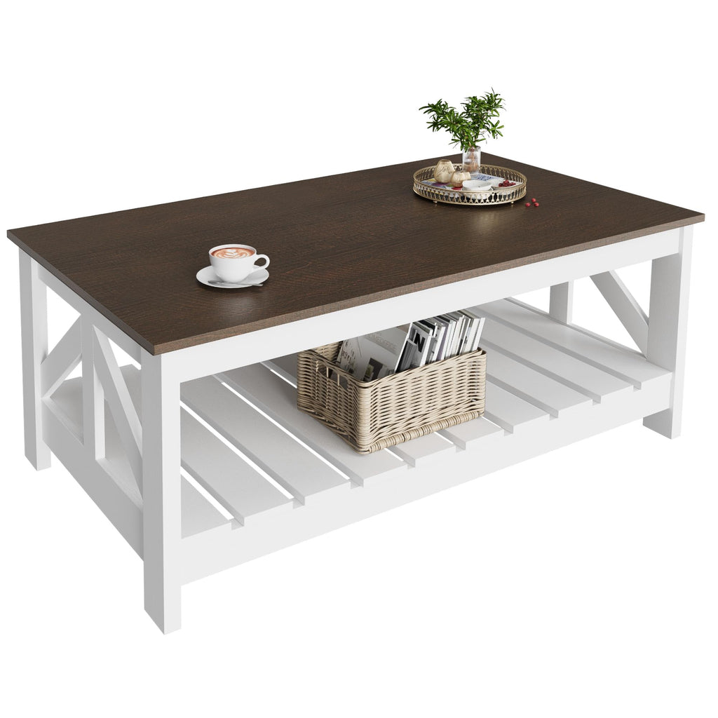 Farmhouse Coffee Table with Storage, Brown and White