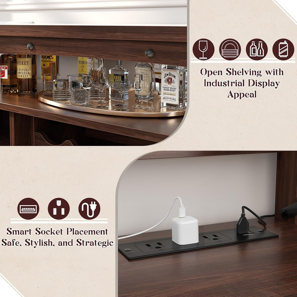 Farmhouse Coffee Bar Cabinet, Liquor Cabinet Bar , Wine Bar Cabinet with LED Lights and Outlets,Wine Cabinet with