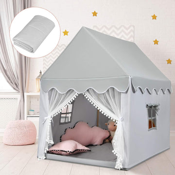 Kids Play Tent, Large Playhouse w/Washable Mat, Windows, Solid Wood Frame, Indoor Outdoor Princess Tent for Children
