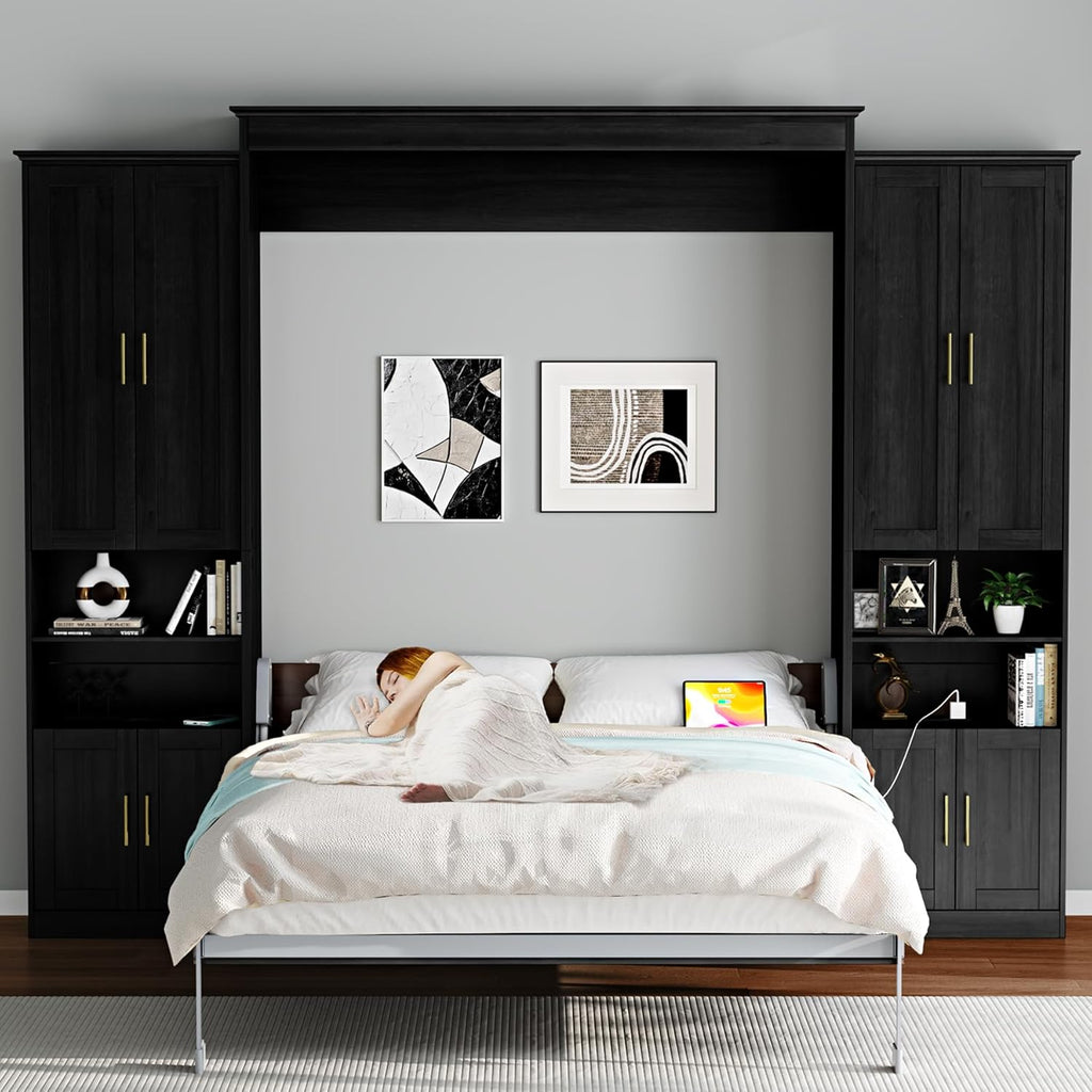 Murphy Bed Queen with 2 Side Cabinet Storage Shelves, Queen Wall Bed Cabinet with USB Port, Wood Foldable Platform