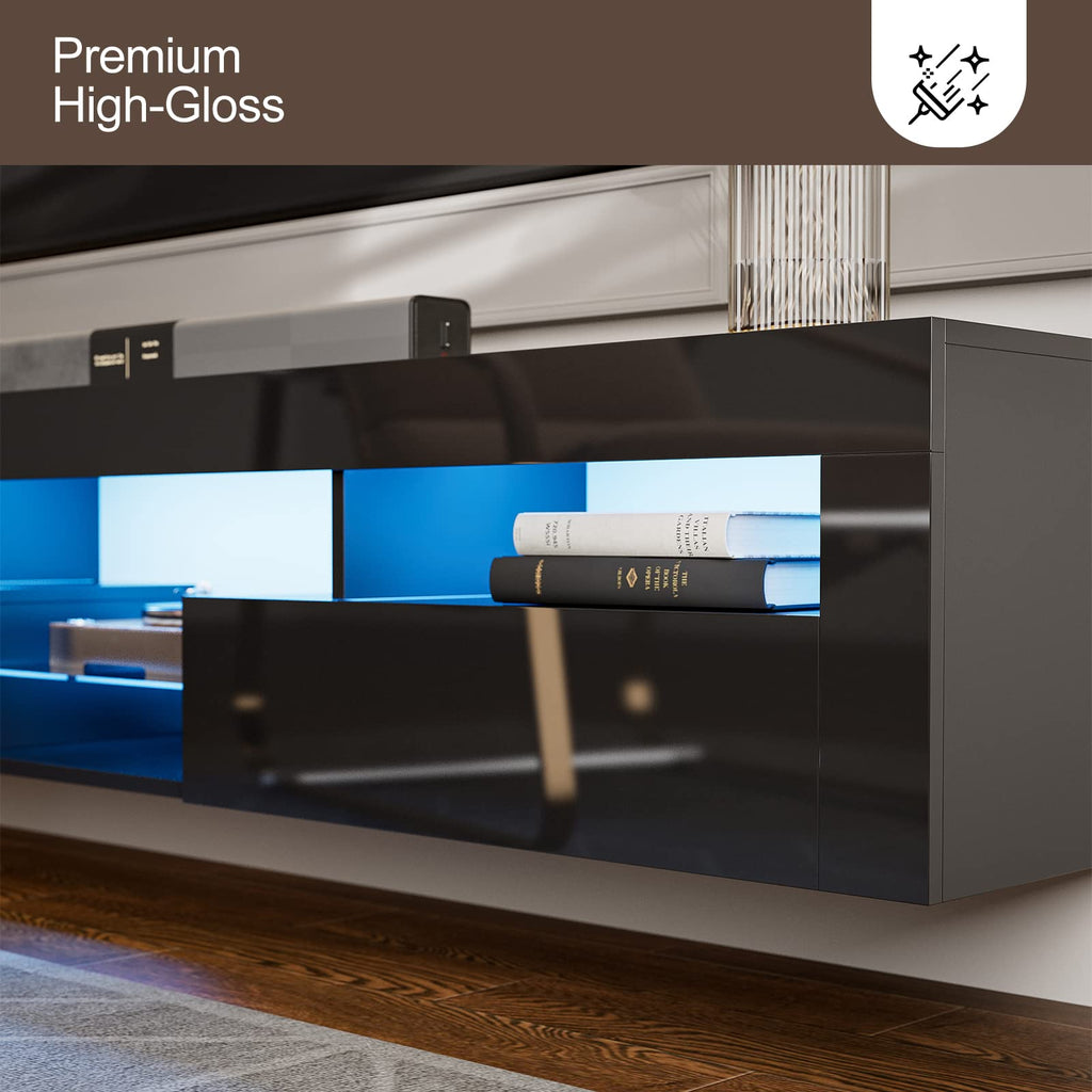 High Gloss LED Floating with 2 Cabinets, Glass Shelf, Black
