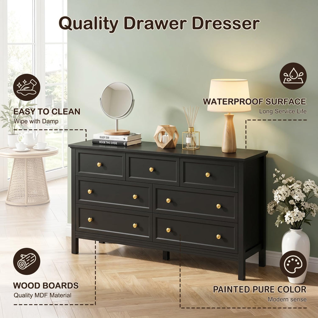 55" Black Dresser with 7 Drawers & Modern Gold Handle