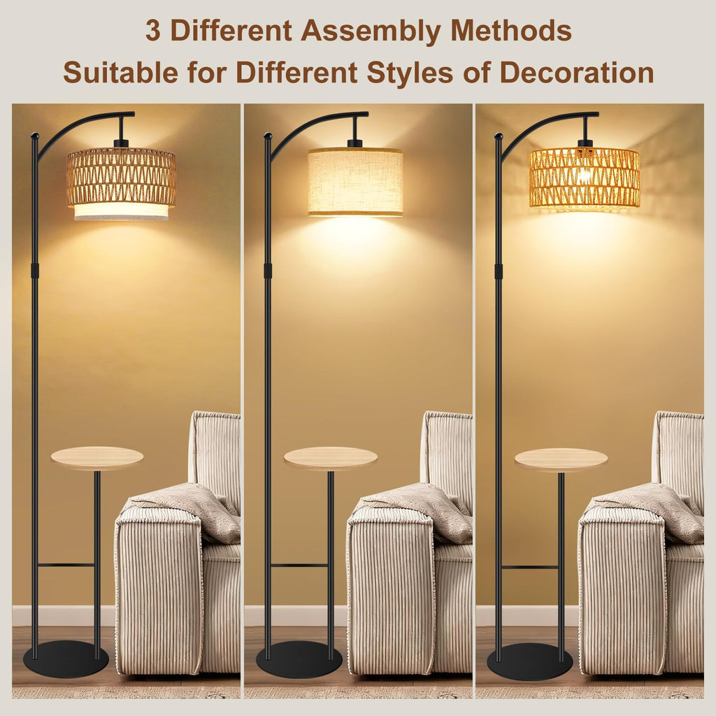 Arc Rattan Floor Lamp with Table Dimmable 3 Color Temp